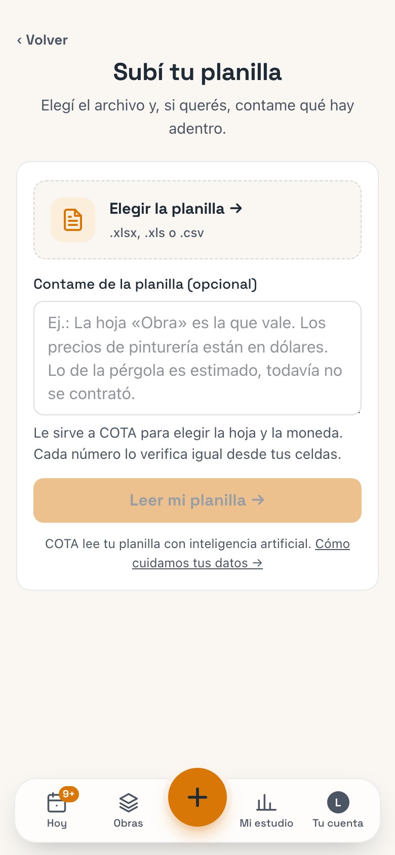 Subí tu planilla: elegir el archivo y contarle a COTA qué hay adentro