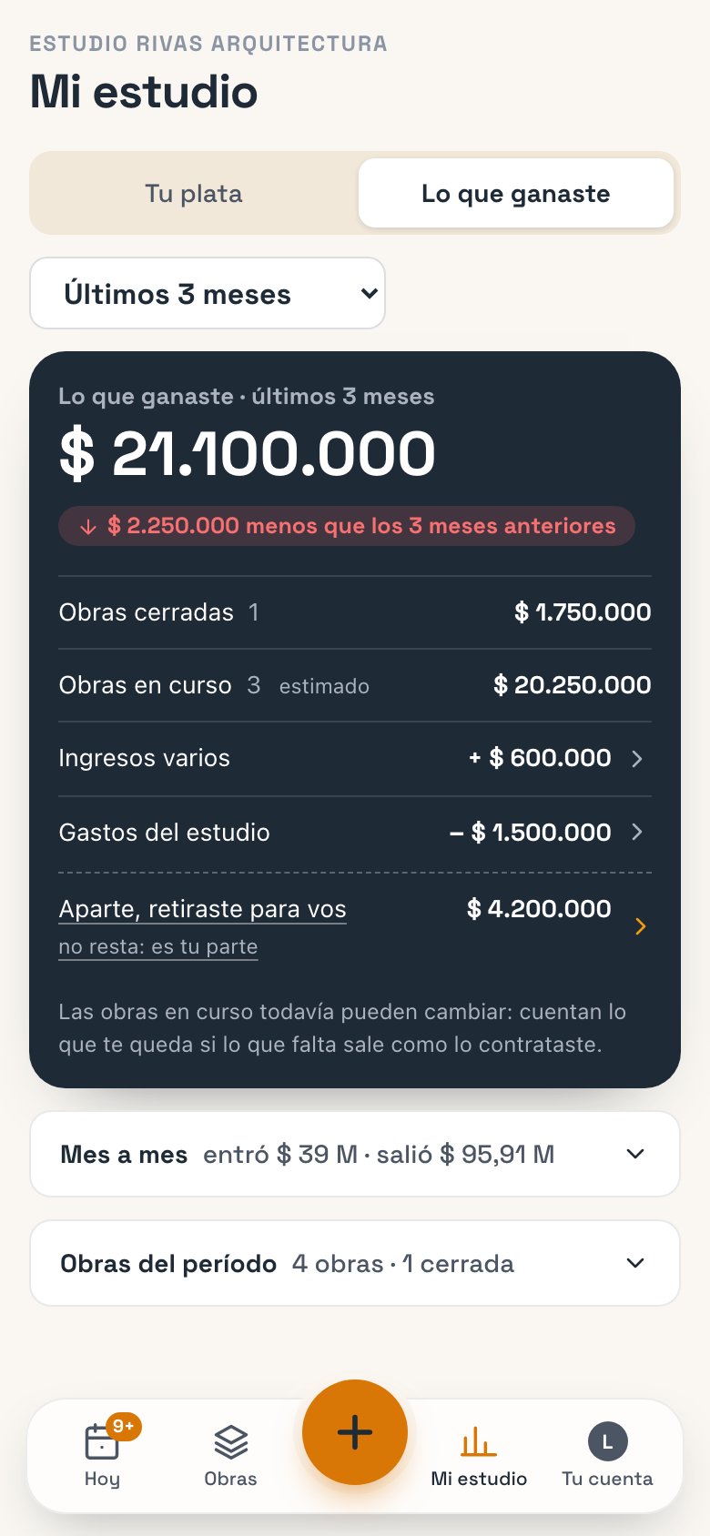 Mi estudio, pestaña Lo que ganaste: el número del período, la comparación y el desglose