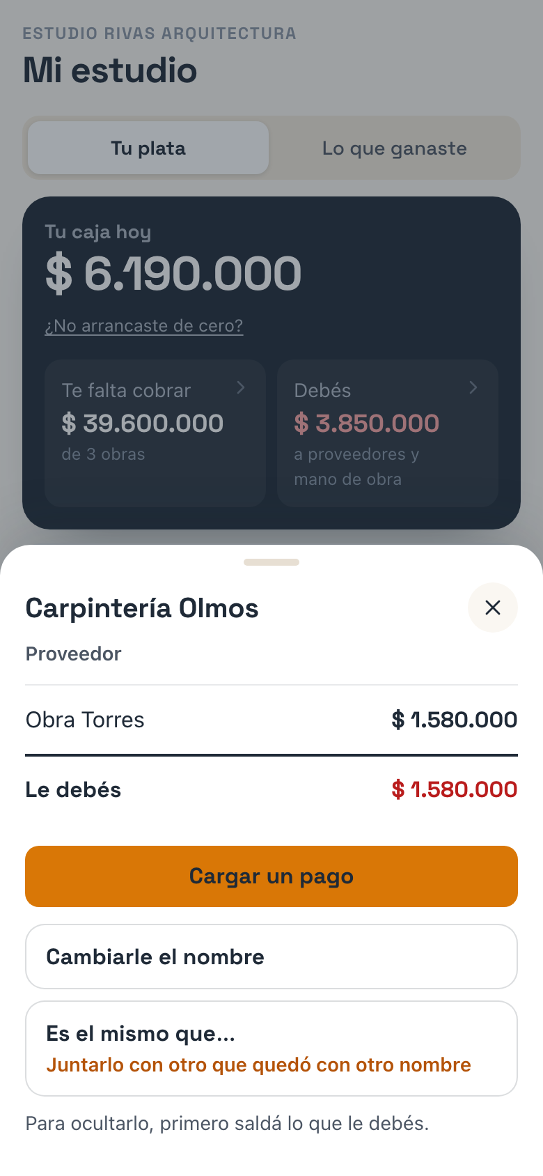 La ficha de un proveedor: lo que le debés por obra y las opciones del administrador