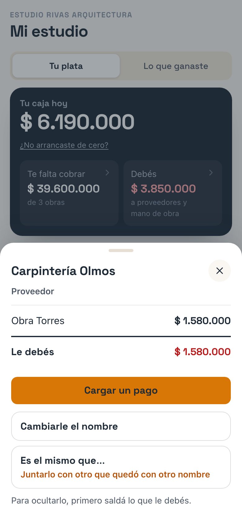 La ficha de un proveedor: lo que le debés por obra y las opciones del administrador