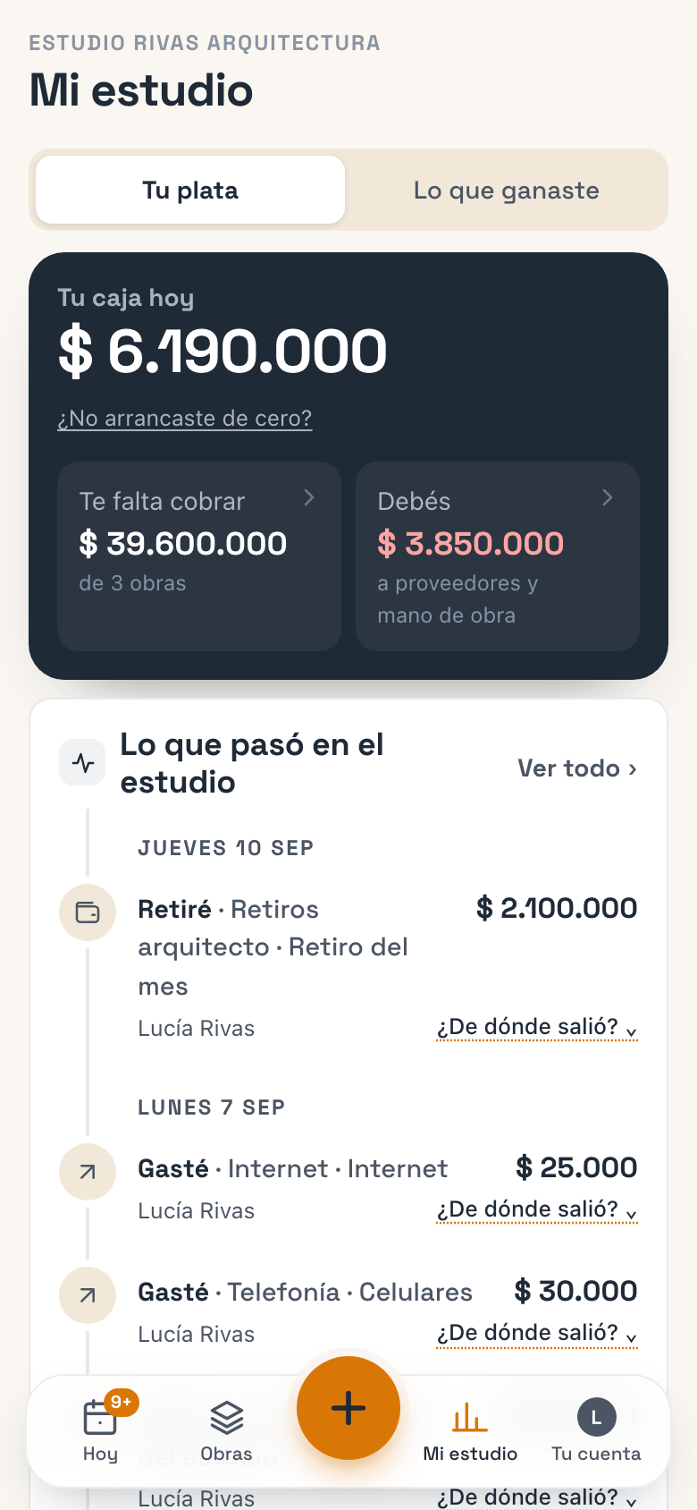 Mi estudio, pestaña Tu plata: Tu caja hoy, Te falta cobrar, Debés y Lo que pasó en el estudio