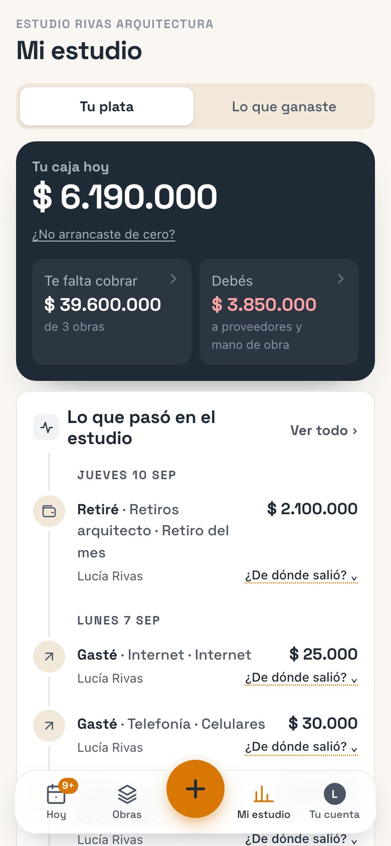 Mi estudio, pestaña Tu plata: Tu caja hoy, Te falta cobrar, Debés y Lo que pasó en el estudio