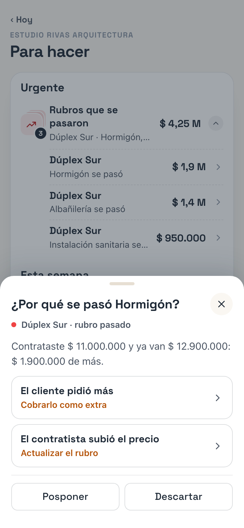 La hoja de una fila: la pregunta, los números, las respuestas y, abajo, Posponer y Descartar