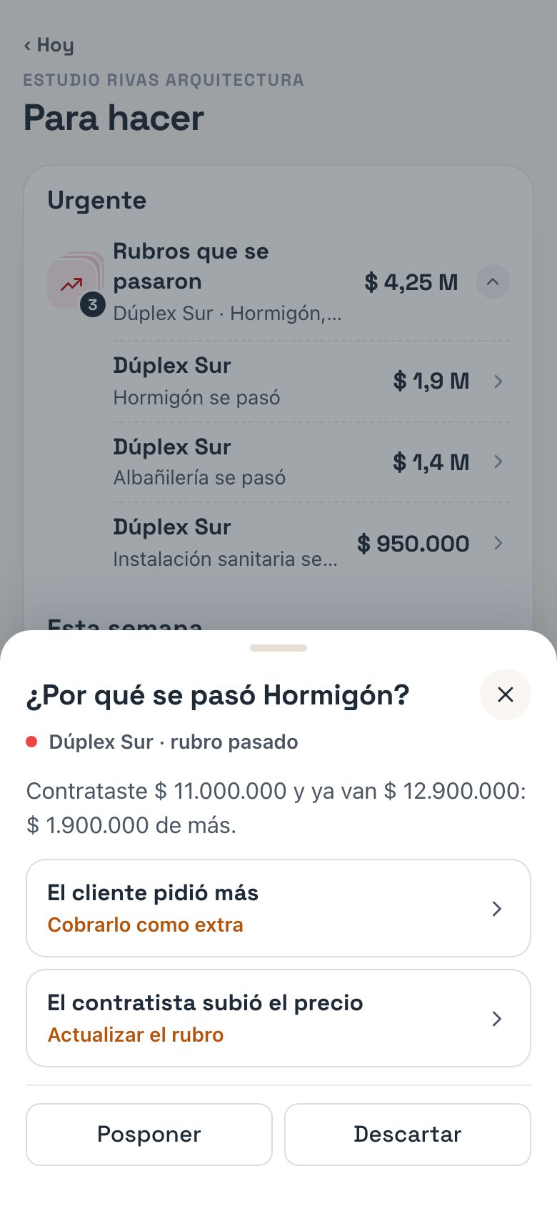 La hoja de una fila: la pregunta, los números, las respuestas y, abajo, Posponer y Descartar