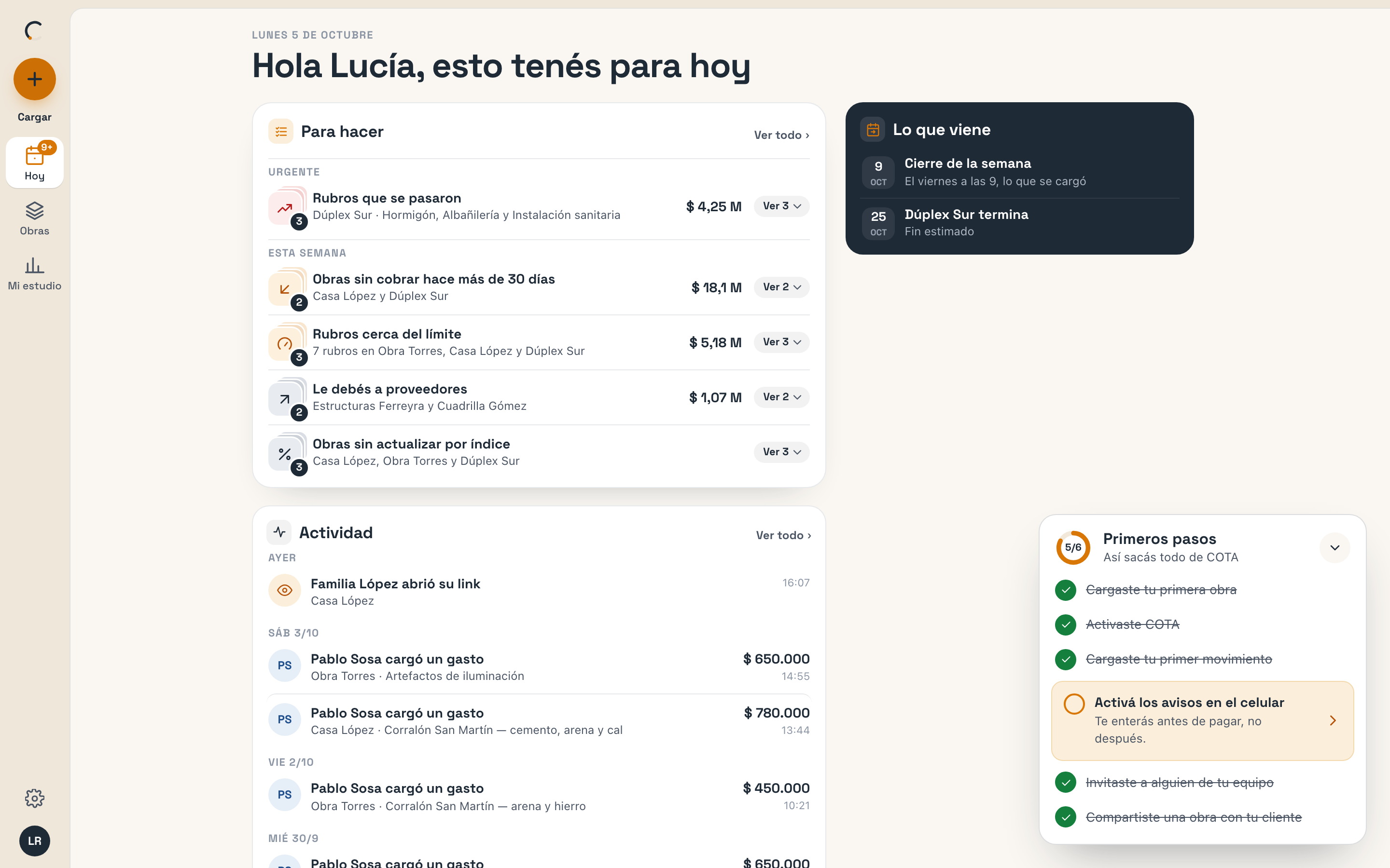 Hoy en la compu: Para hacer y Actividad a la izquierda, Lo que viene a la derecha