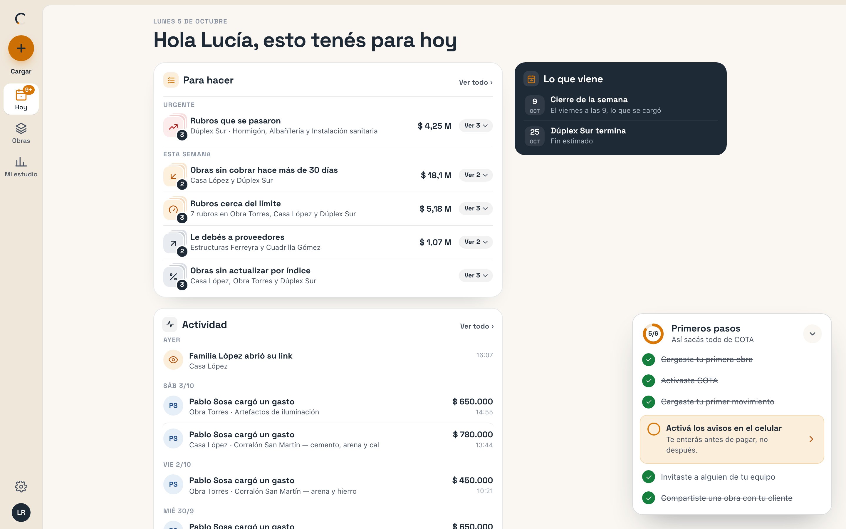 Hoy en la compu: Para hacer y Actividad a la izquierda, Lo que viene a la derecha