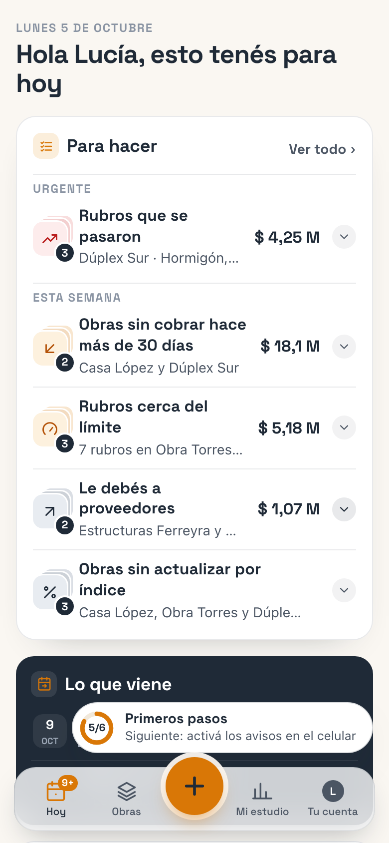 Hoy en el celular: el saludo y Para hacer con Urgente y Esta semana