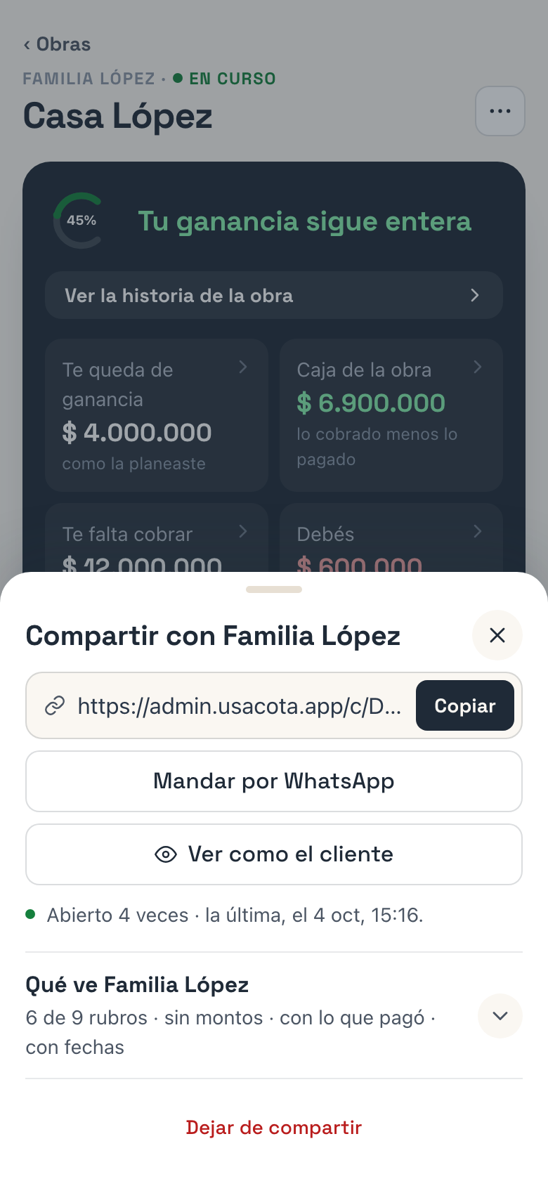 La hoja Compartir con Familia López, con el link, Copiar y Mandar por WhatsApp