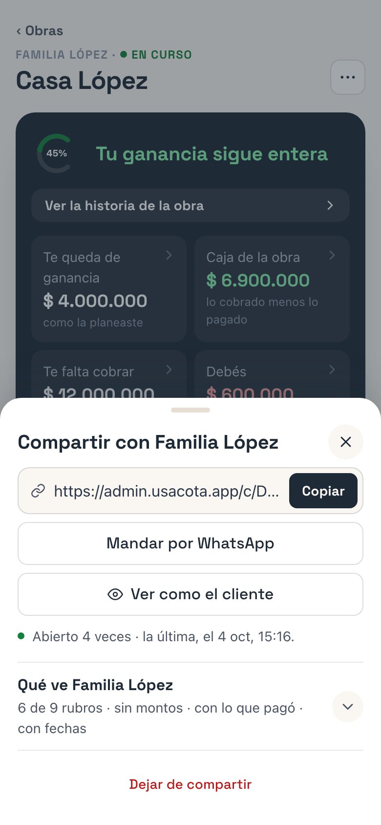 La hoja Compartir con Familia López, con el link, Copiar y Mandar por WhatsApp