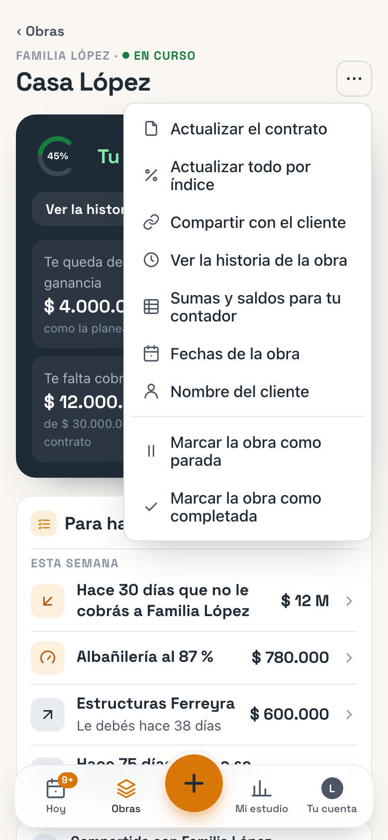 El menú ⋯ de una obra abierto