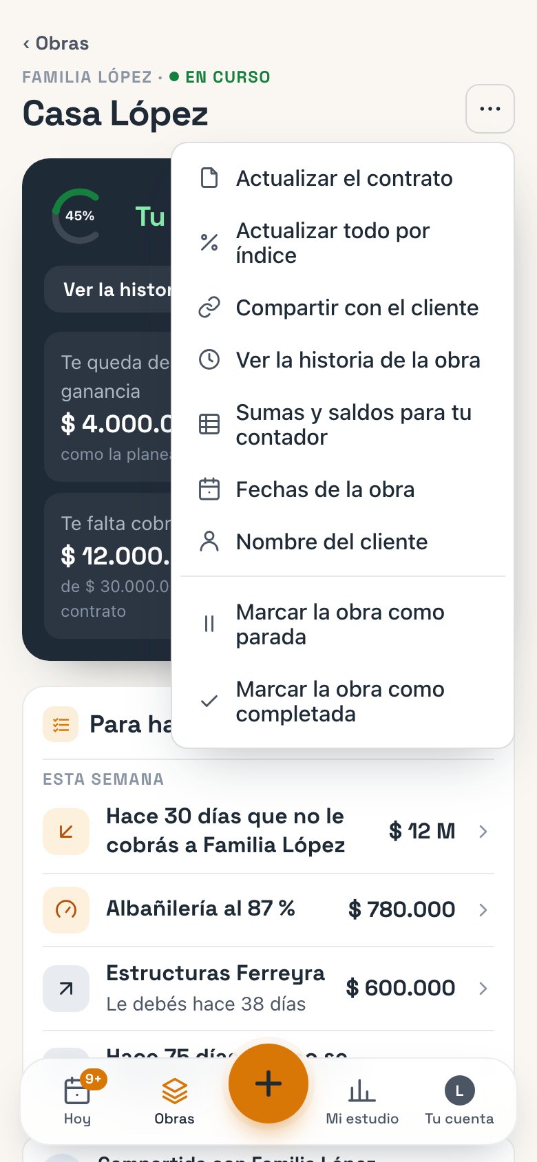 El menú ⋯ de una obra abierto