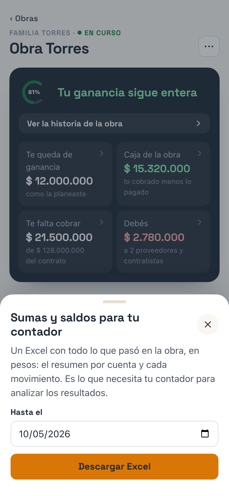 La hoja Sumas y saldos para tu contador, con la fecha y Descargar Excel