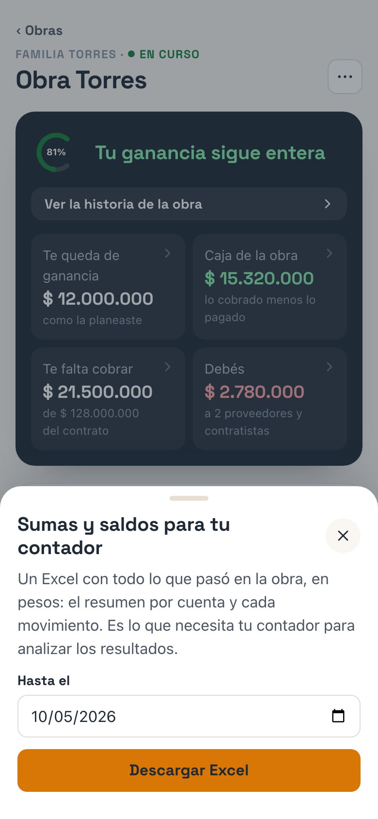 La hoja Sumas y saldos para tu contador, con la fecha y Descargar Excel