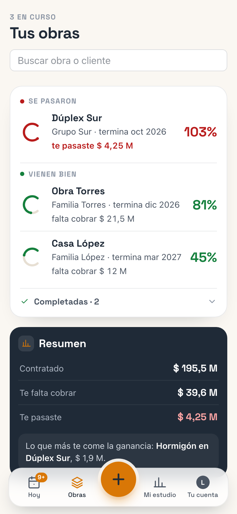 Tus obras: las obras agrupadas por cómo vienen, con su anillo y su porcentaje