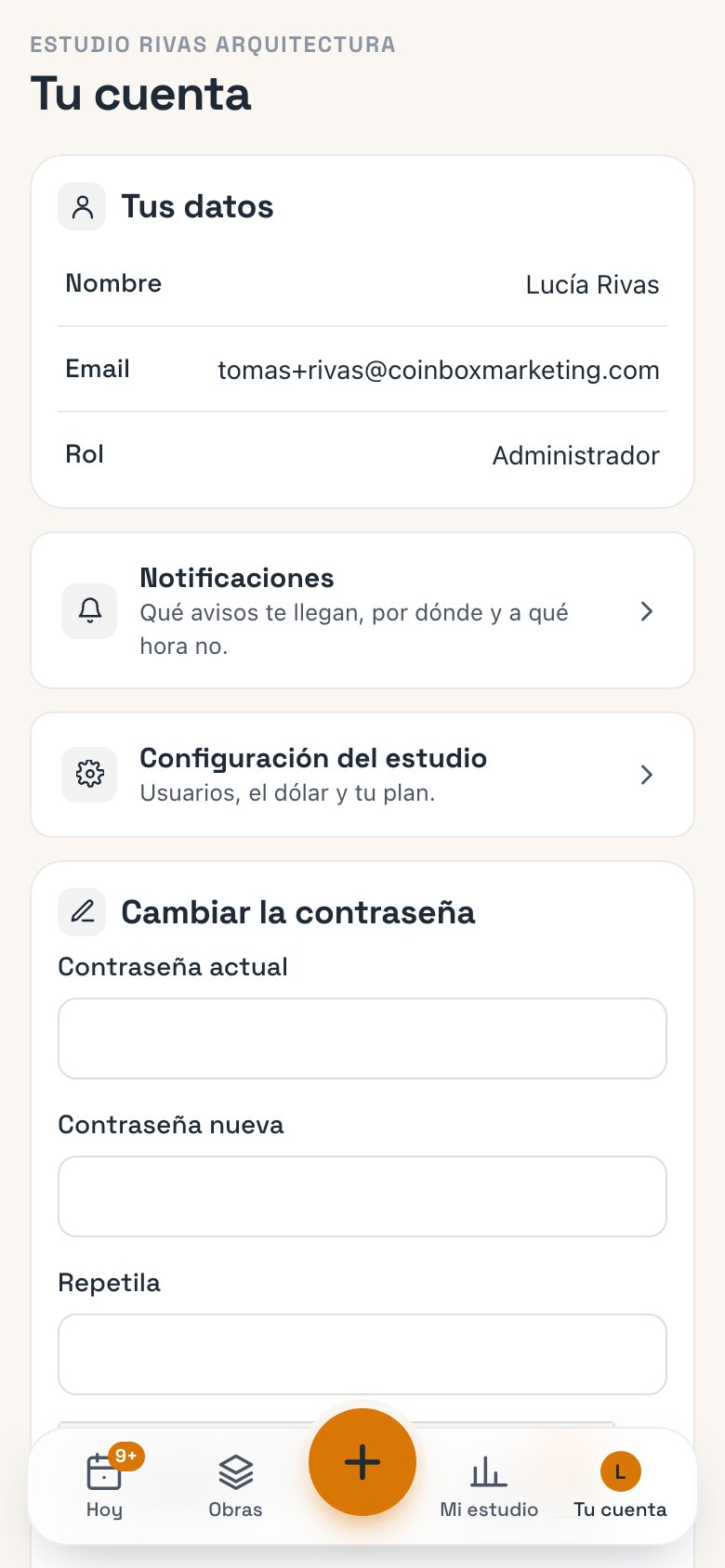 Tu cuenta: Tus datos, Notificaciones, Configuración del estudio y Cambiar la contraseña