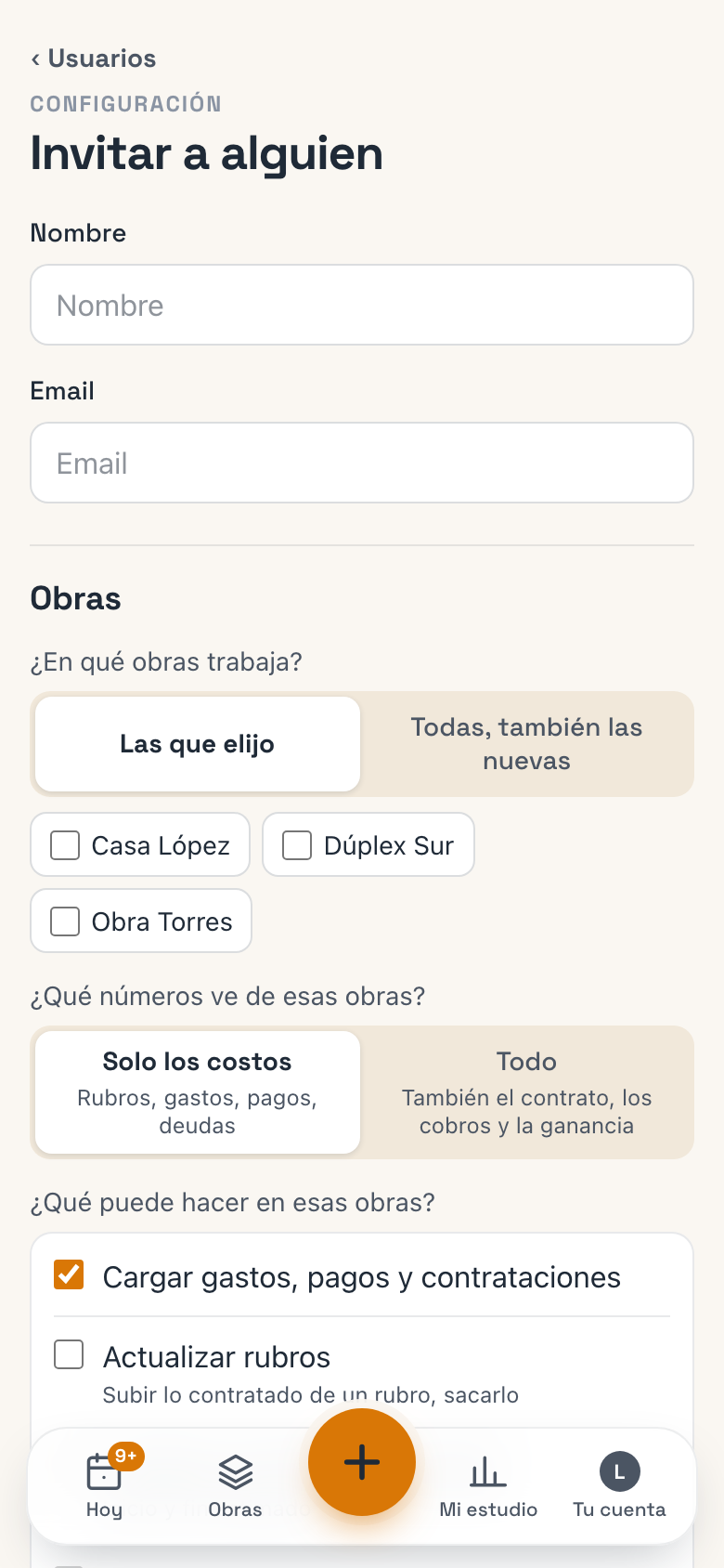 Invitar a alguien: nombre, email, los permisos y el resumen Lo que va a poder hacer