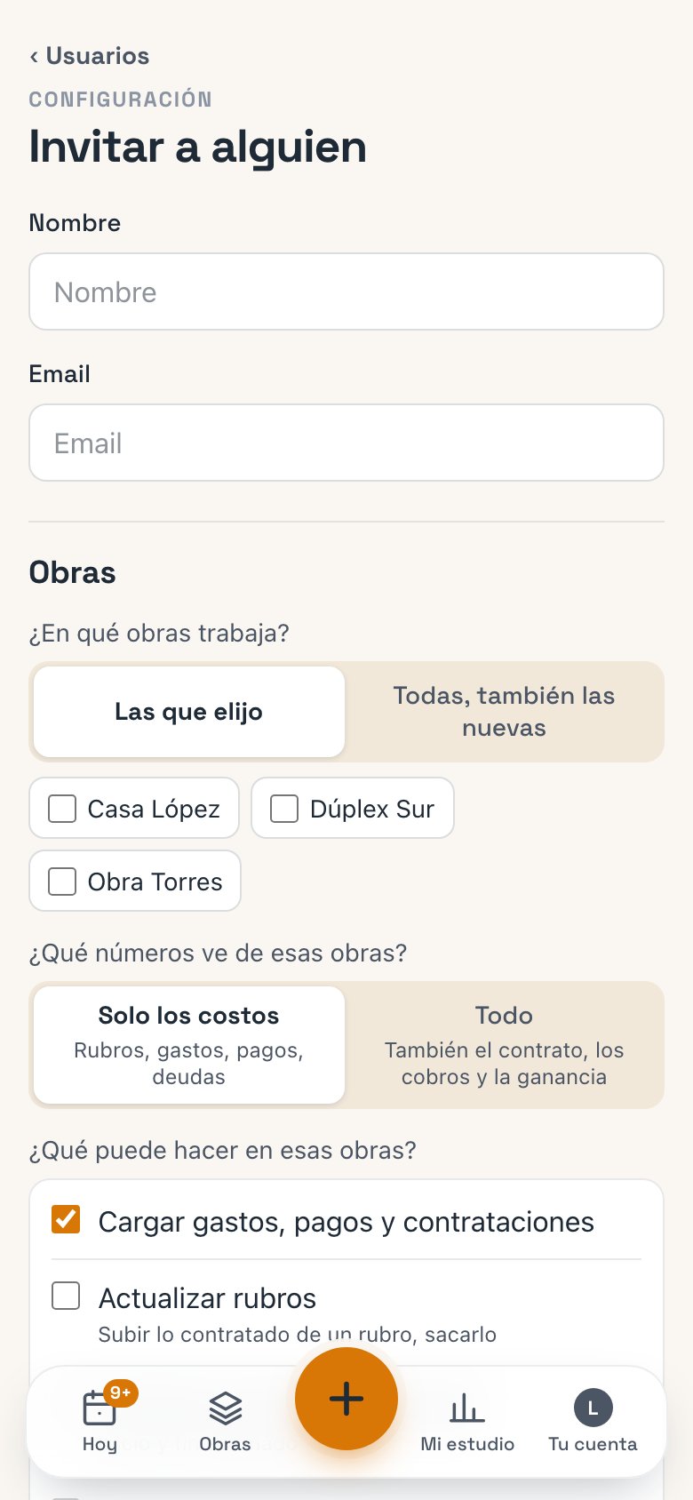 Invitar a alguien: nombre, email, los permisos y el resumen Lo que va a poder hacer