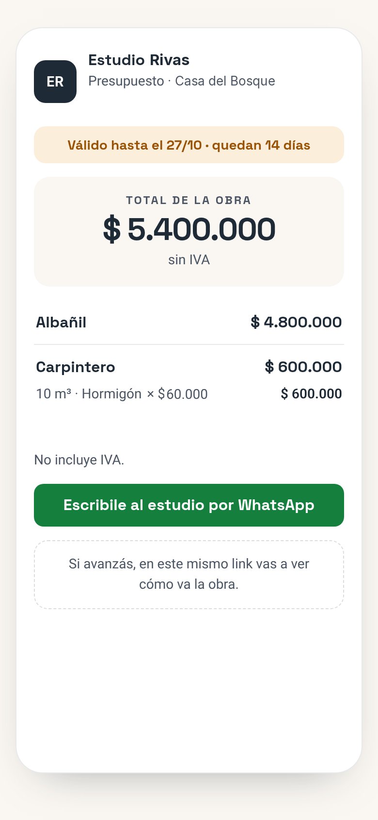 Lo que ve el cliente del link: el estudio, el total de la obra, los rubros y el botón para escribirle por WhatsApp.