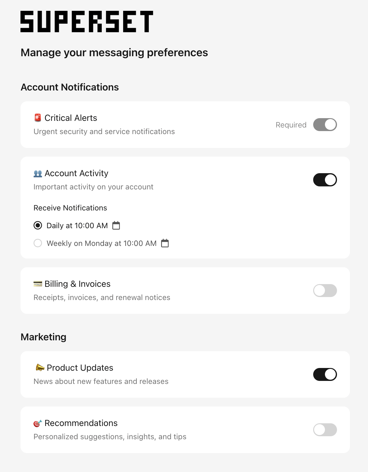 A Courier-hosted preference page with subscription topics and toggles