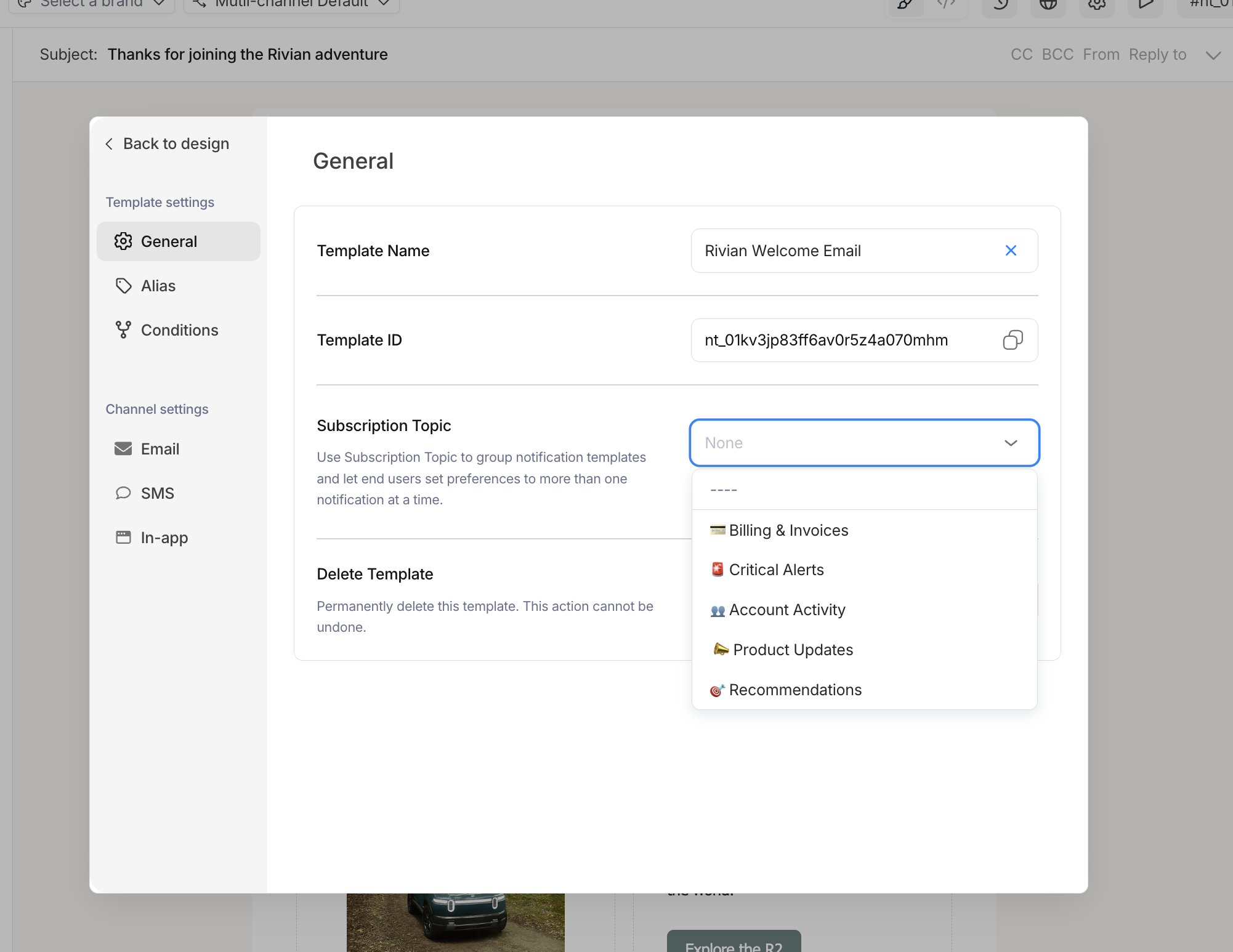 Assigning a subscription topic to a template in Courier Design Studio