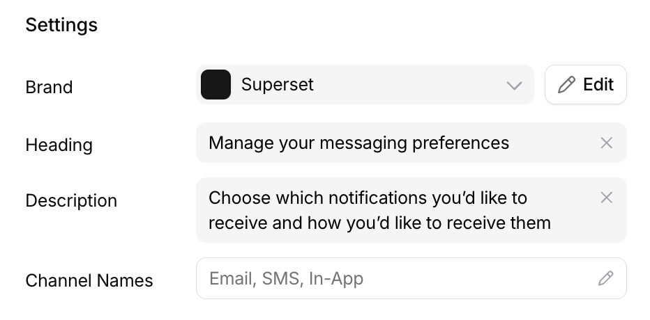 Page settings in the Preferences Editor: brand, heading, description, and channel names
