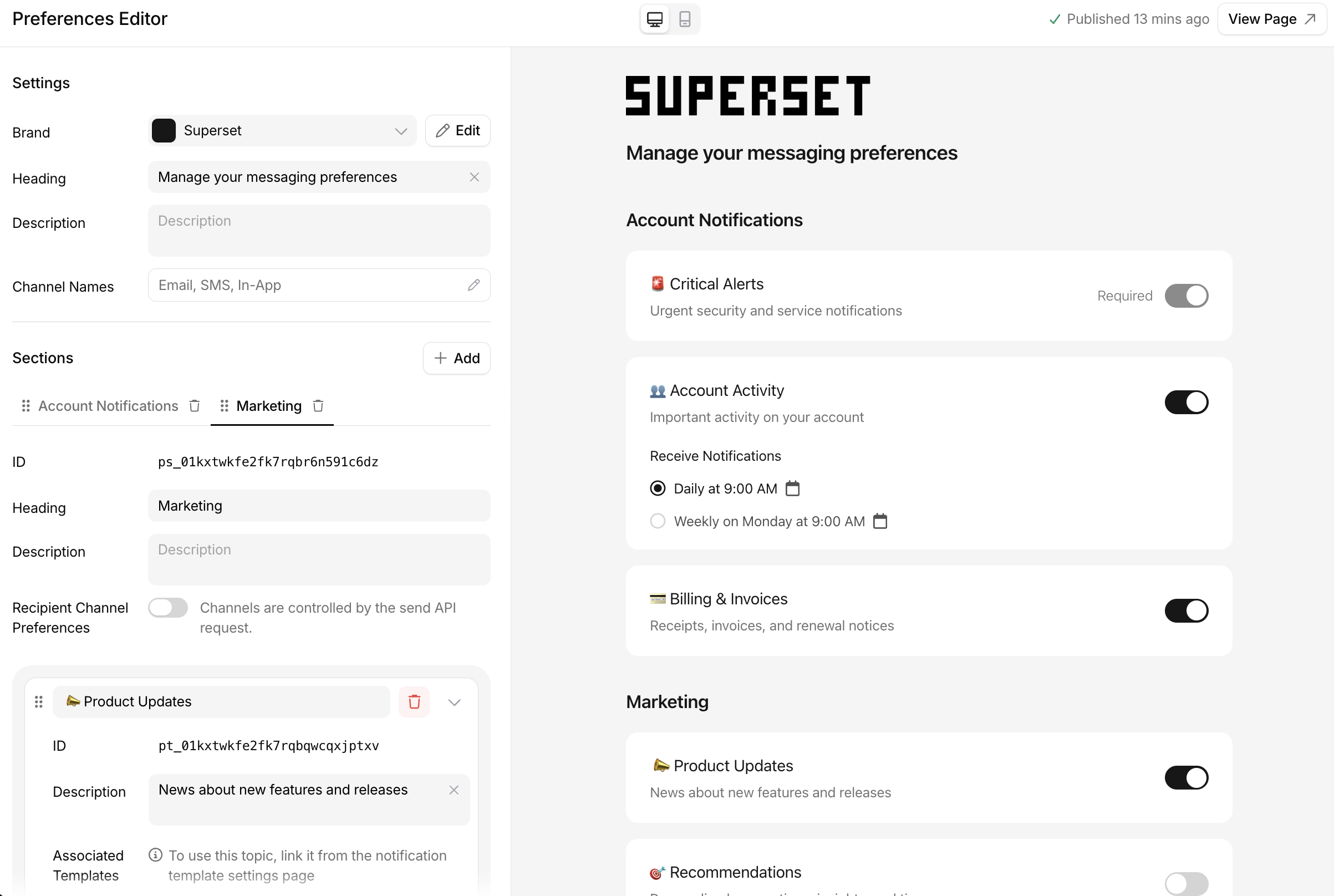 Courier Preferences Editor showing page settings, sections, and subscription topics