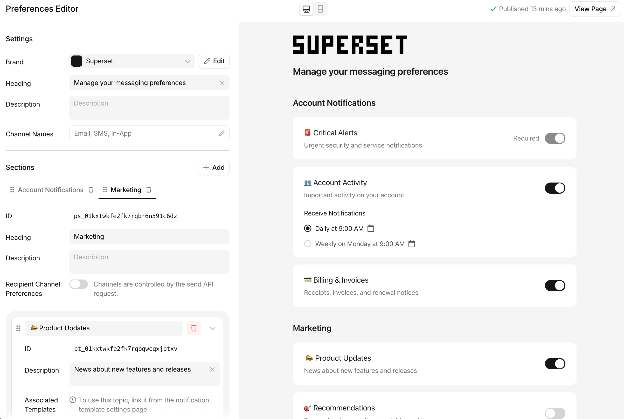 Courier Preferences Editor showing page settings, sections, and subscription topics
