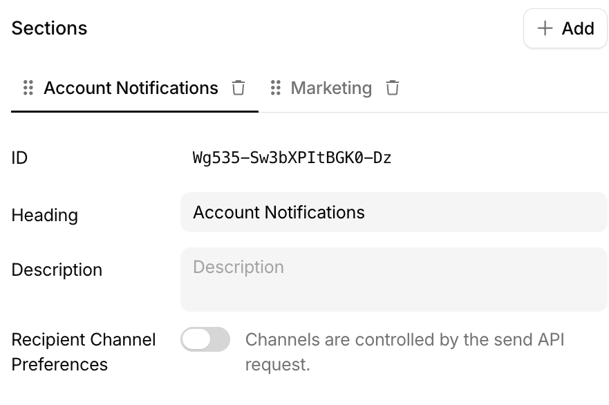 Section settings with the auto-generated section ID, heading, and description