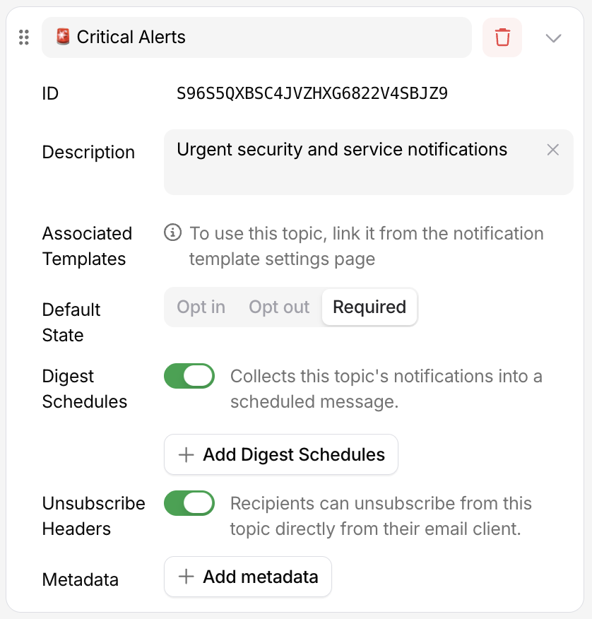 Subscription topic settings with name, section, and default state
