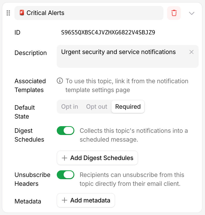 Subscription topic settings with name, section, and default state