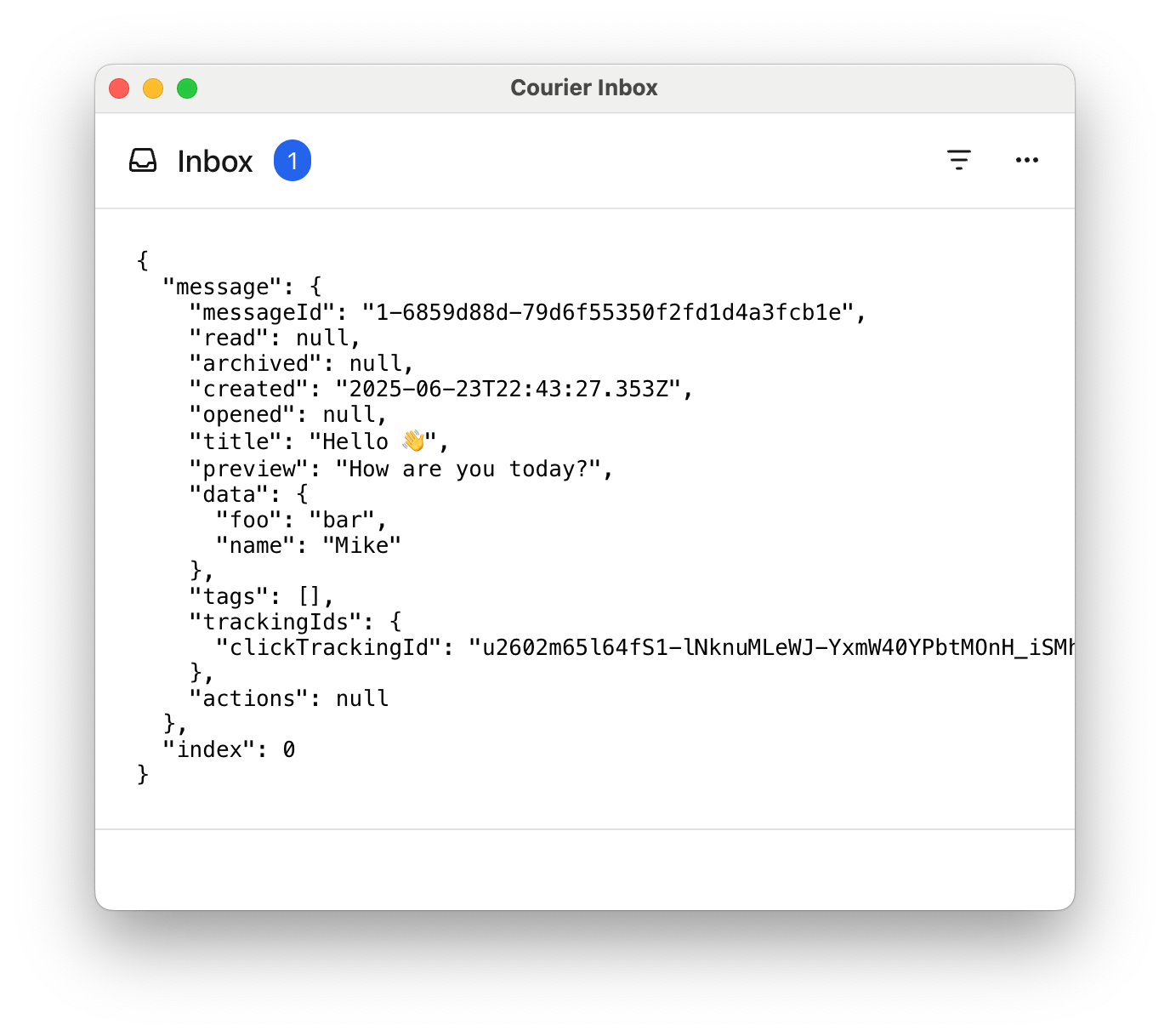 Custom inbox message list item displaying the message object