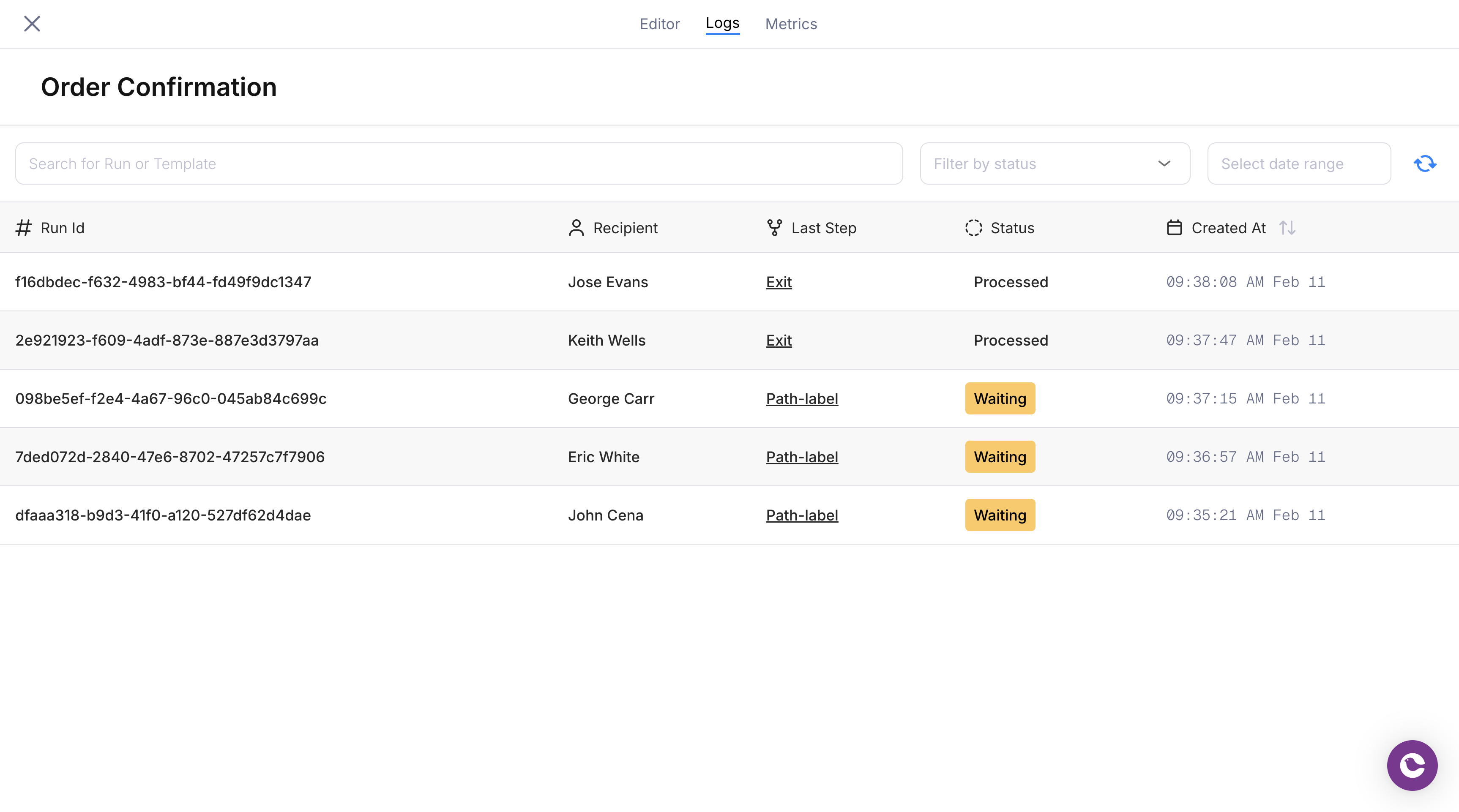 A journey's Logs tab listing its runs