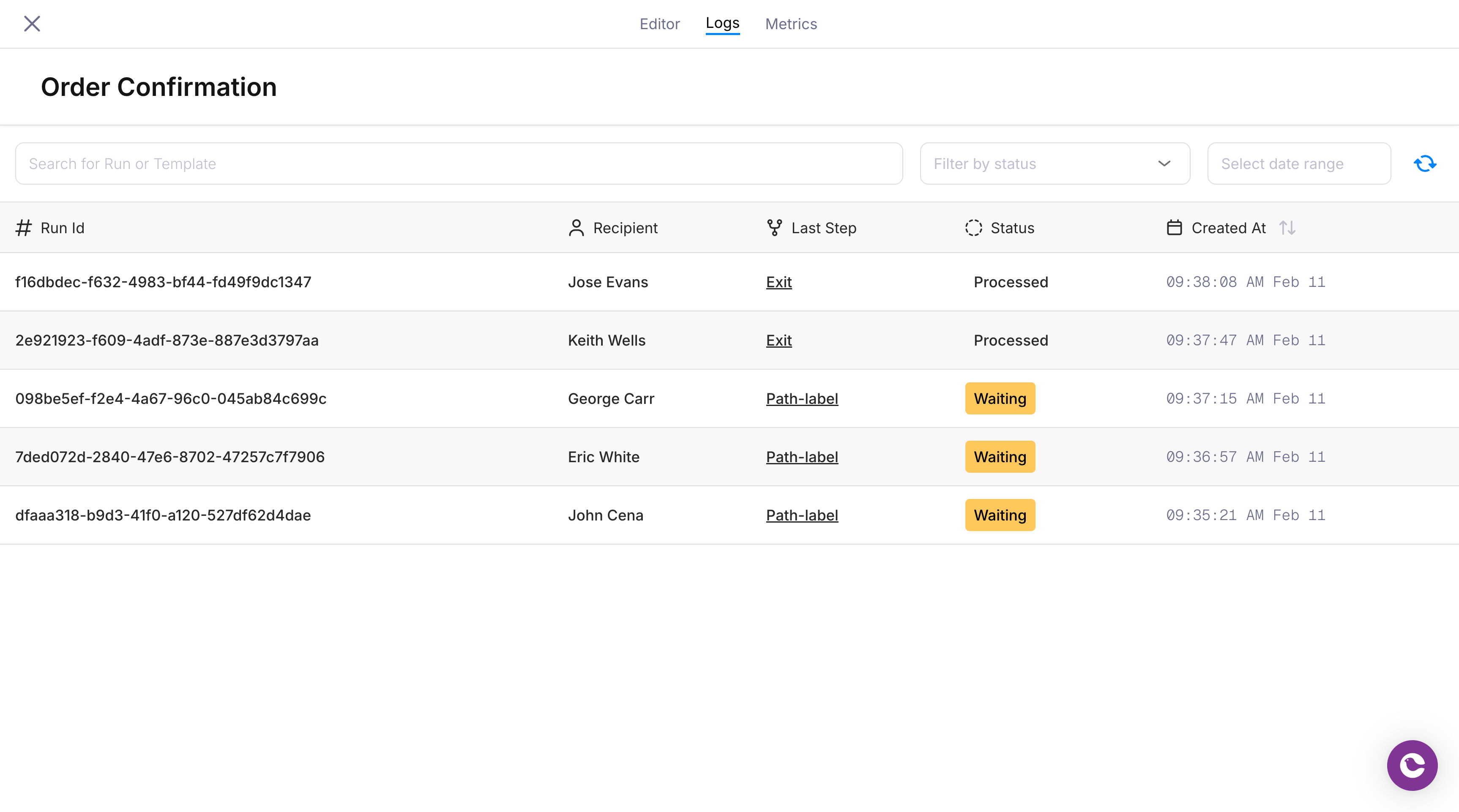 A journey's Logs tab listing its runs