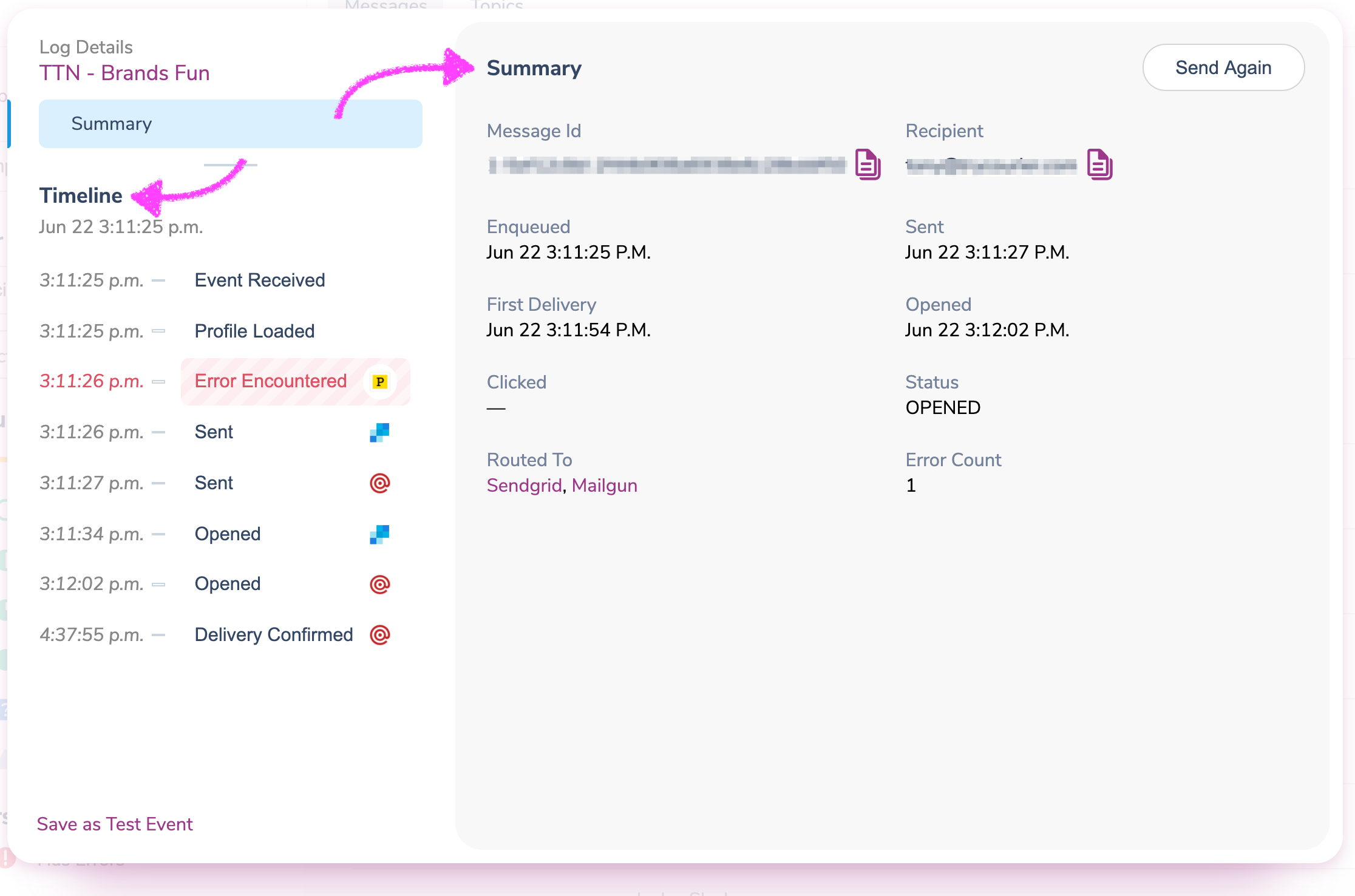 A message's detail view, with the summary above the timeline of events