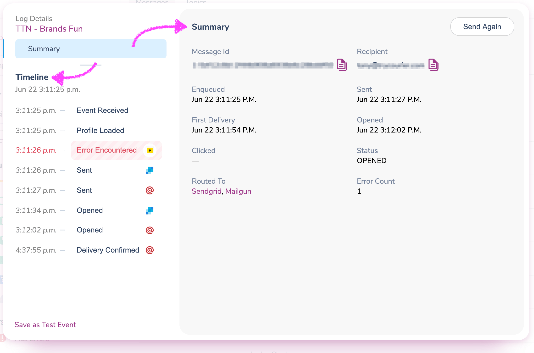 A message's detail view, with the summary above the timeline of events