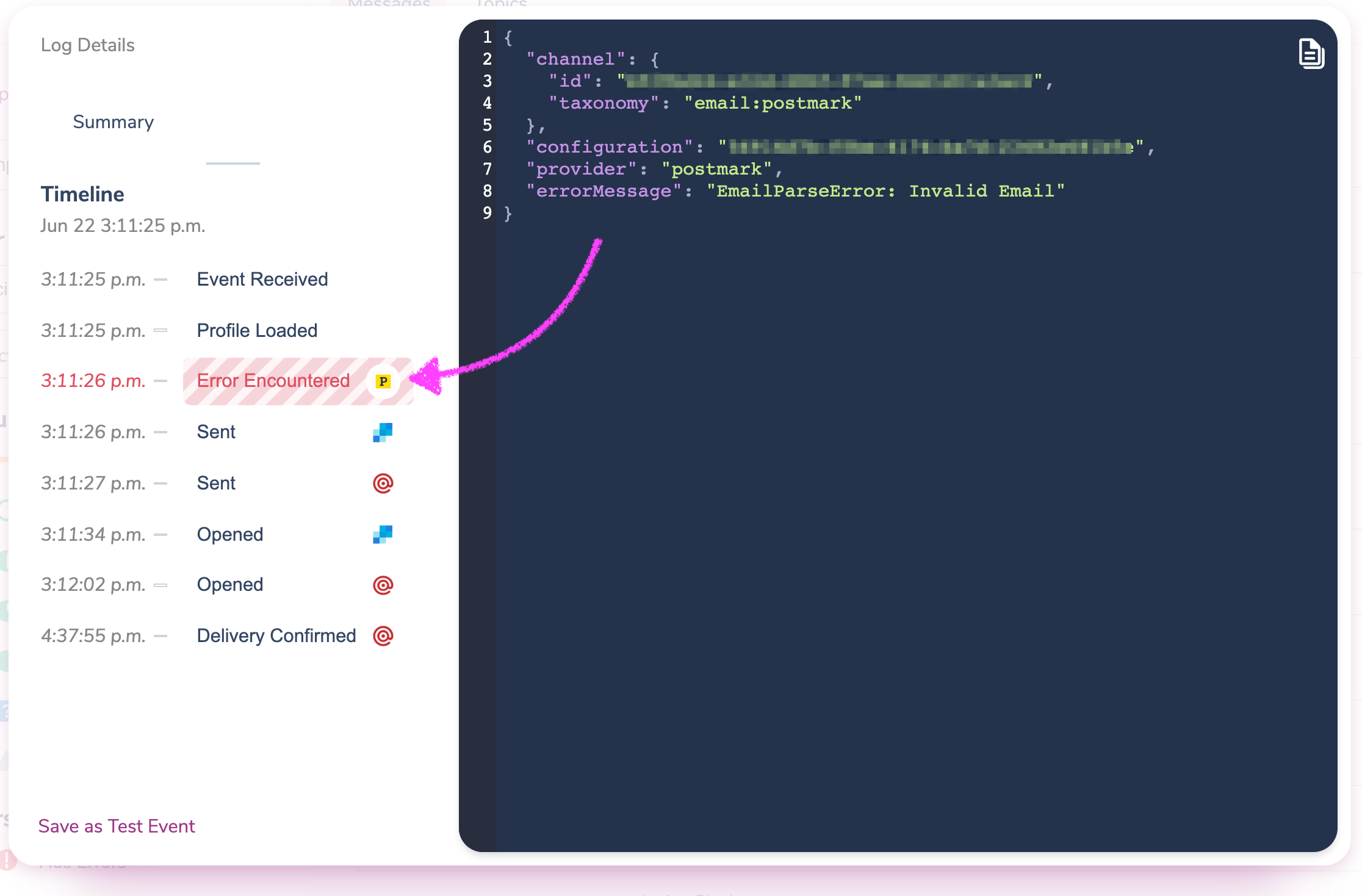 The Error Encountered event open in the timeline, showing the error message