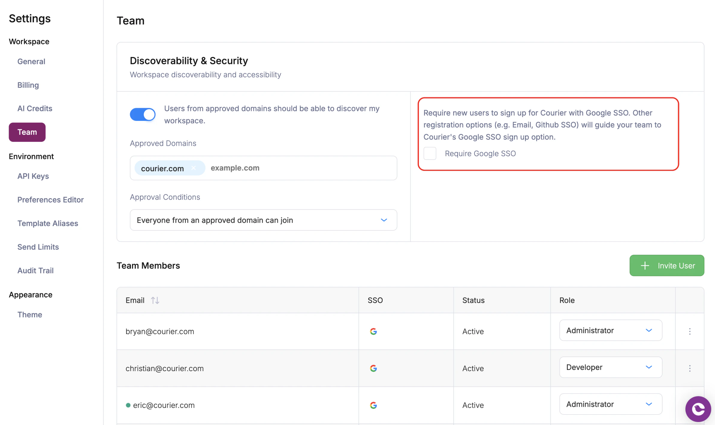 Google SSO checkbox in team settings
