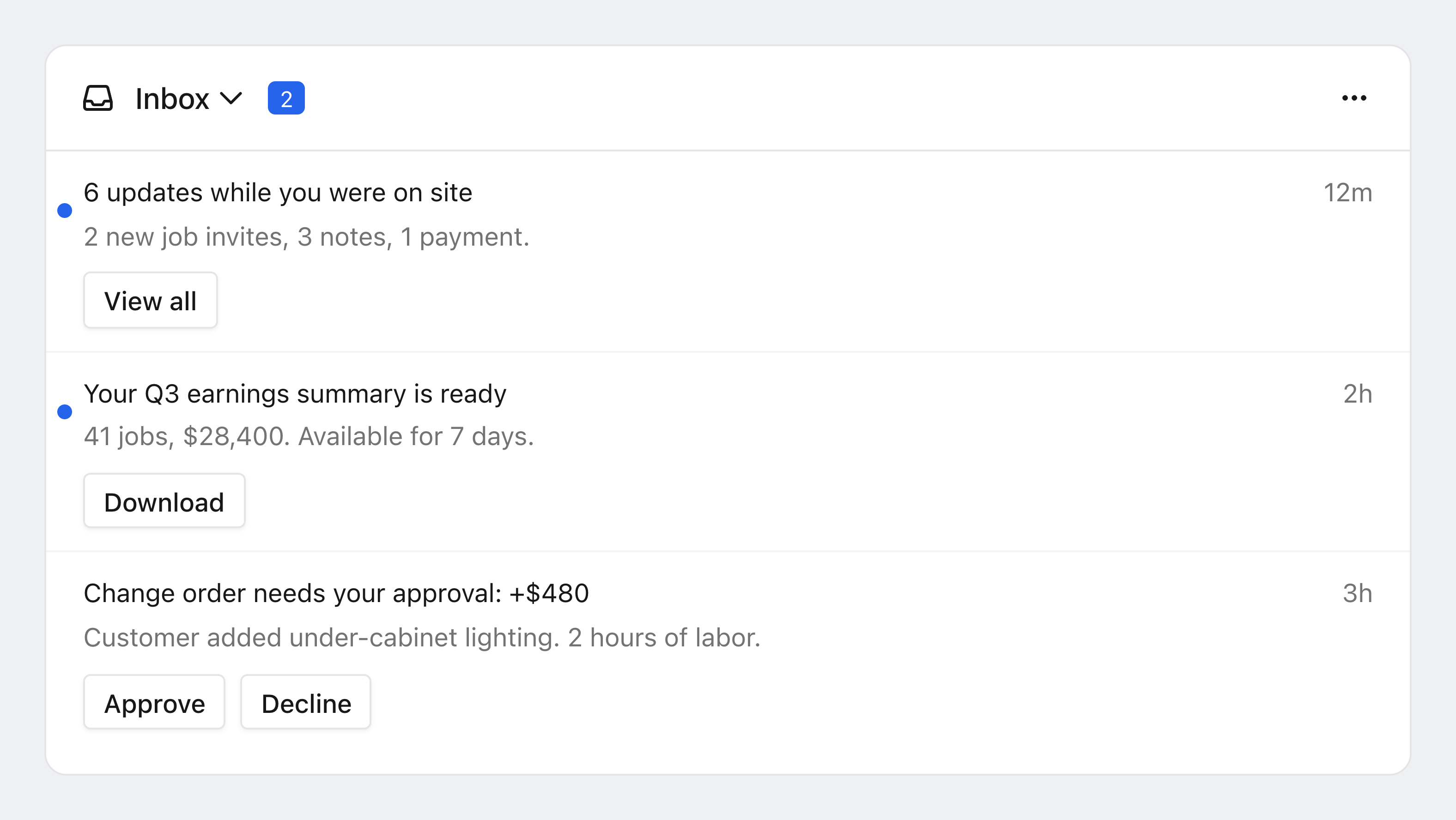 The Courier Inbox with an unread count badge in its header, listing notifications with unread dots, relative timestamps, and View all, Download, and Approve actions