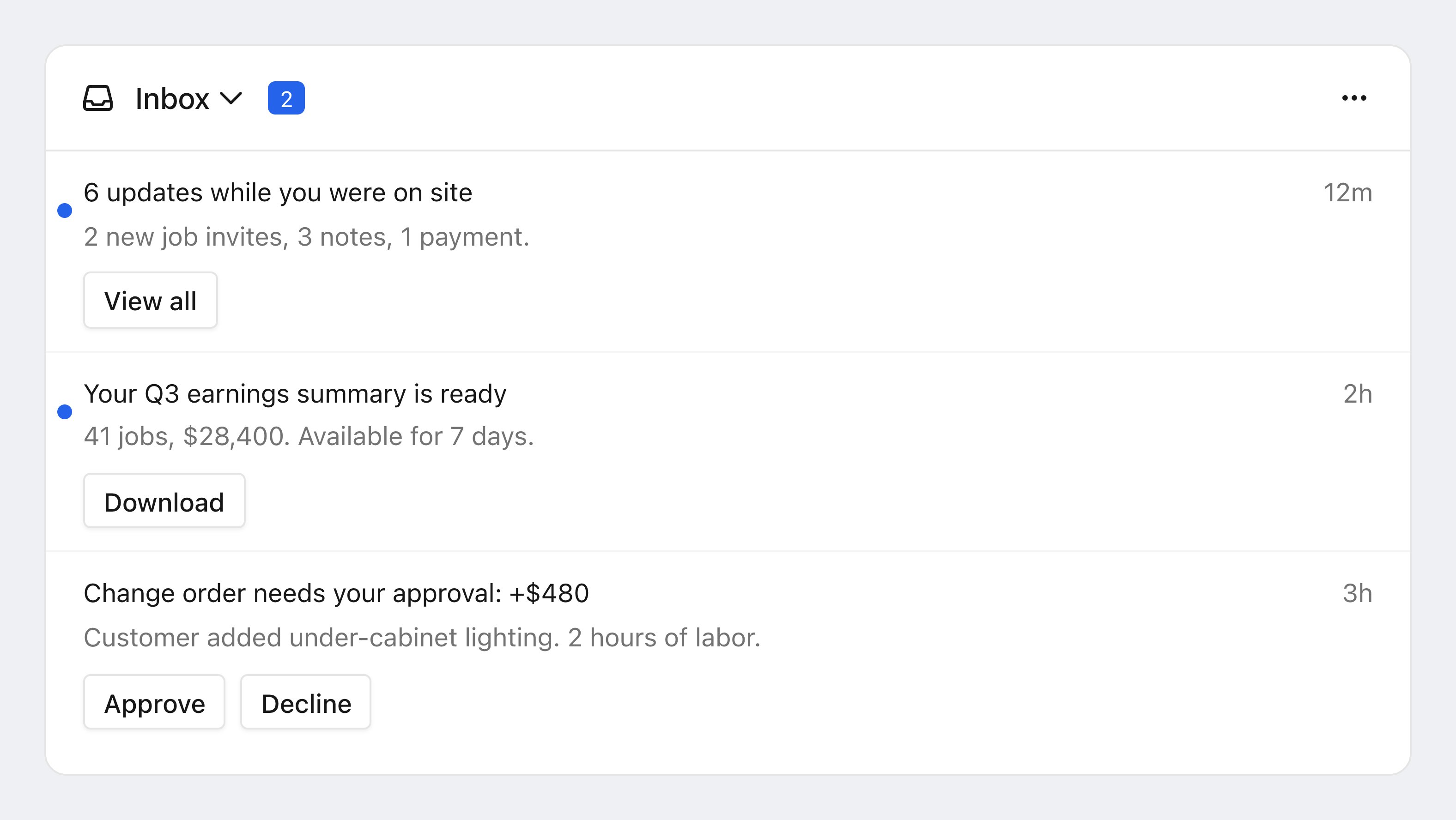The Courier Inbox with an unread count badge in its header, listing notifications with unread dots, relative timestamps, and View all, Download, and Approve actions