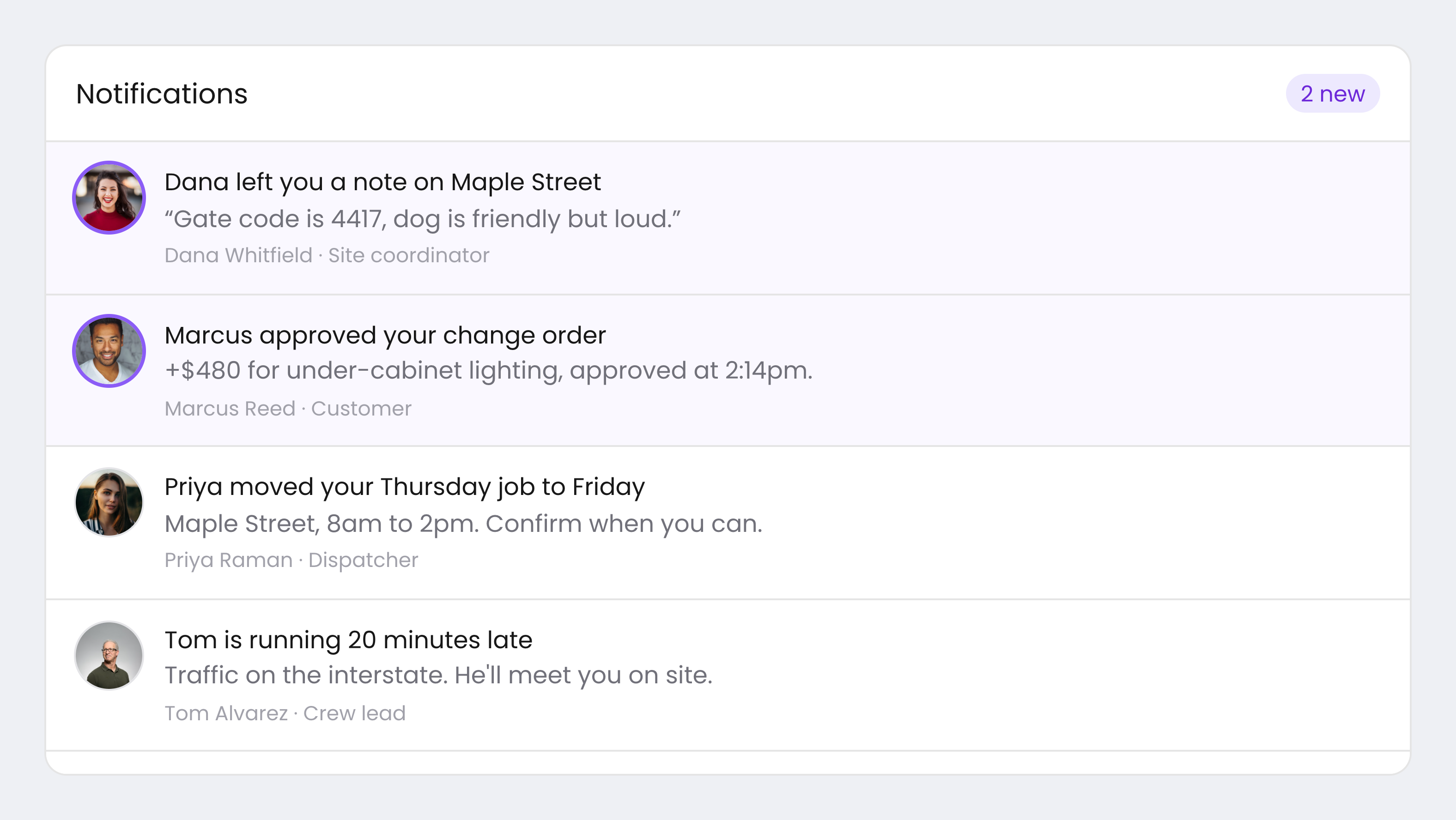 A Courier Inbox with a custom header reading Notifications and a 2 new badge, and custom list items showing sender avatars and roles
