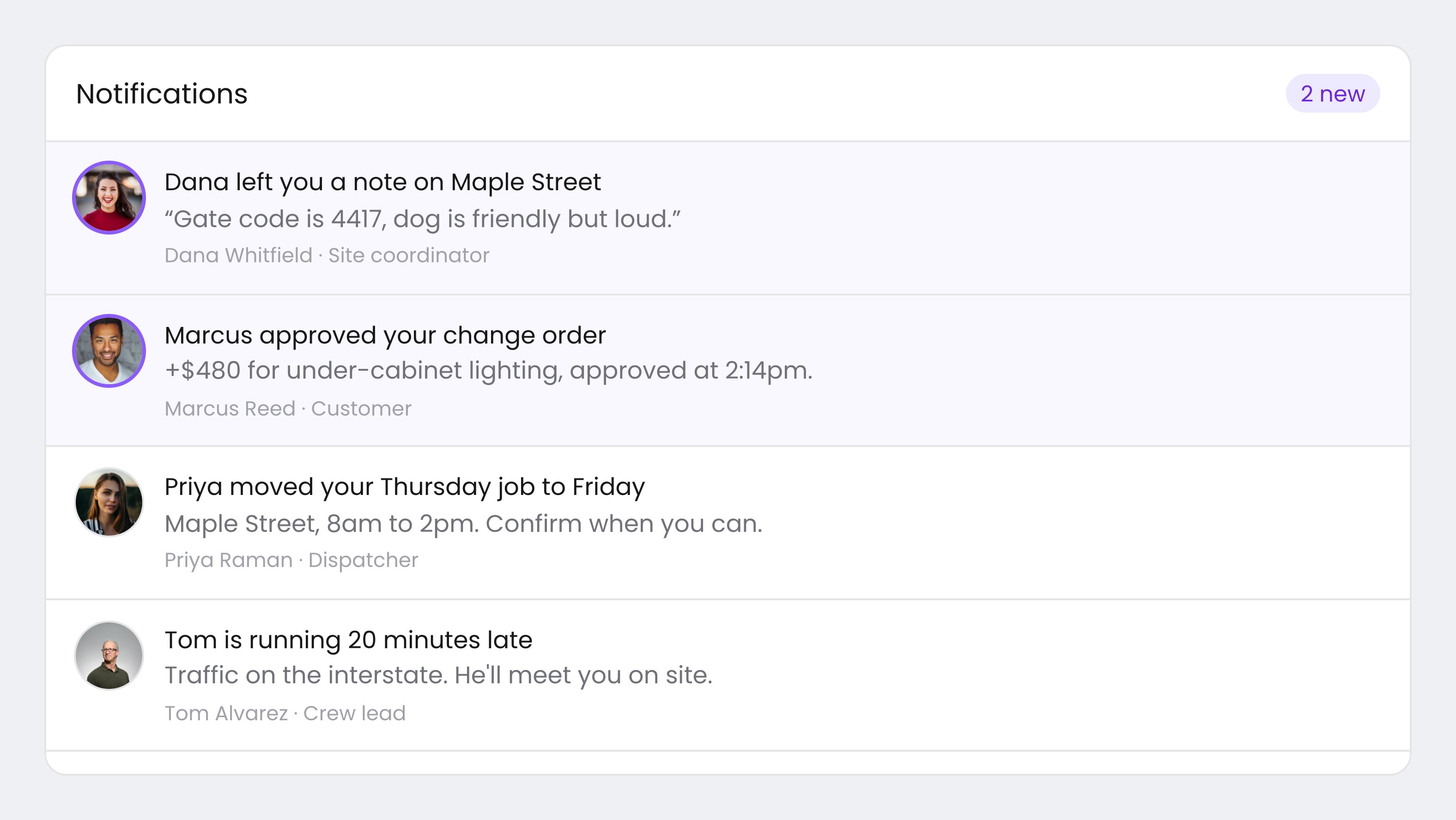 A Courier Inbox with a custom header reading Notifications and a 2 new badge, and custom list items showing sender avatars and roles