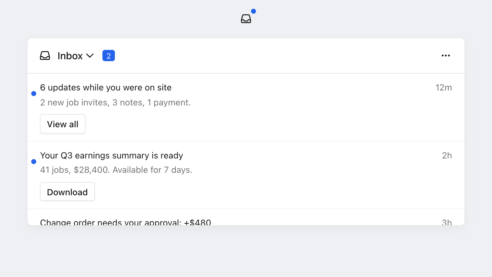 The Courier Inbox popup menu: an icon button with an unread badge above the open notification panel, which shows its own unread count in the header