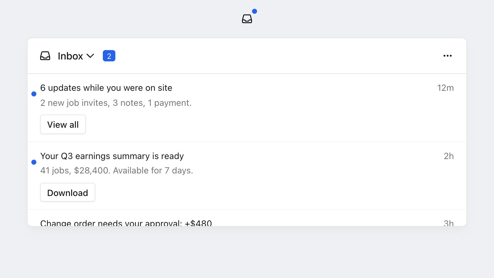 The Courier Inbox popup menu: an icon button with an unread badge above the open notification panel, which shows its own unread count in the header