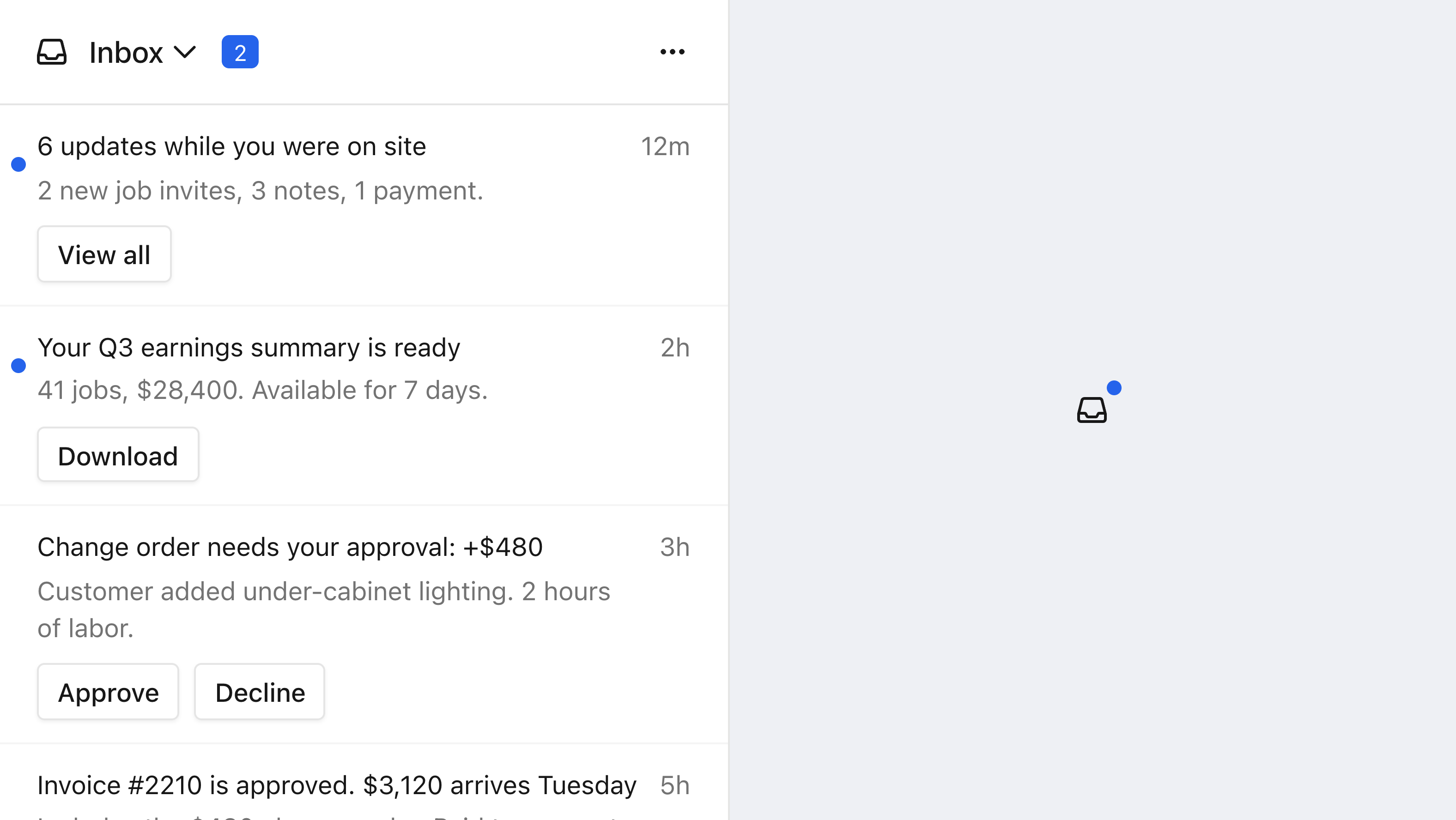 Left, the Courier Inbox as a full-height panel with an unread count in its header, listing notifications with unread dots and per-message action buttons. Right, the same inbox collapsed to its icon button with an unread dot.