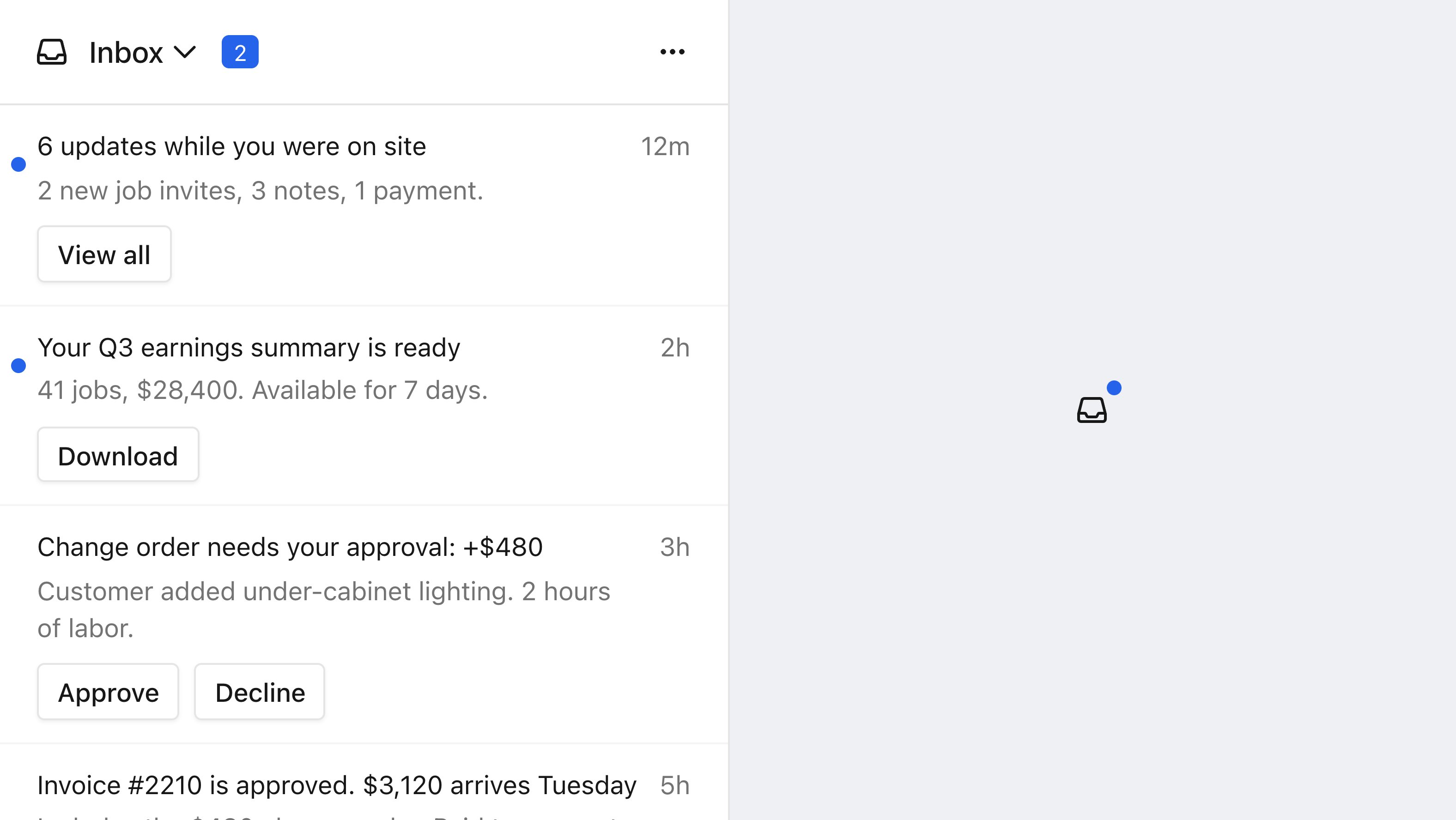 Left, the Courier Inbox as a full-height panel with an unread count in its header, listing notifications with unread dots and per-message action buttons. Right, the same inbox collapsed to its icon button with an unread dot.