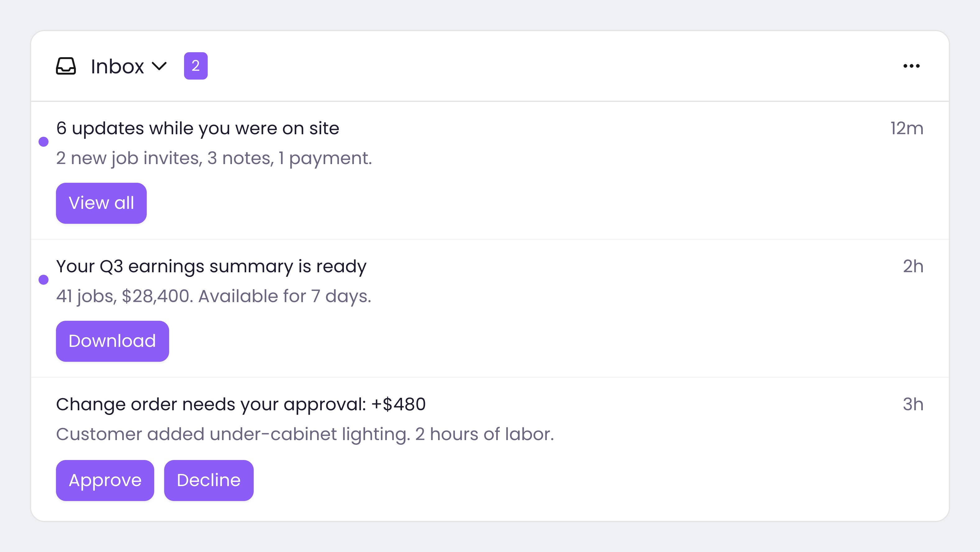 The Courier Inbox with a custom purple theme applied to its unread count badge, unread dots, and action buttons