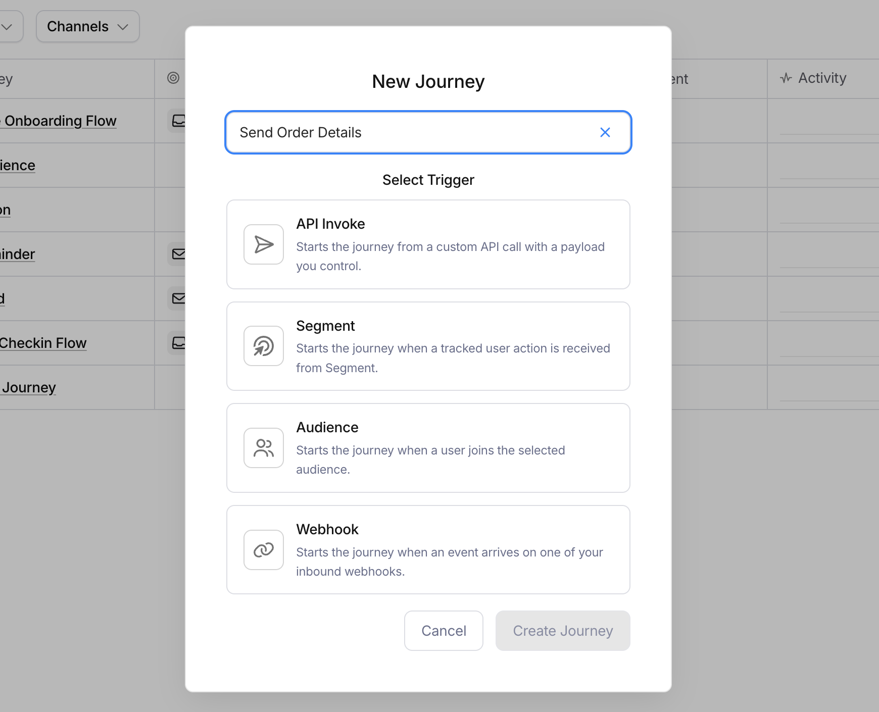 The New Journey dialog with a name field and four trigger options