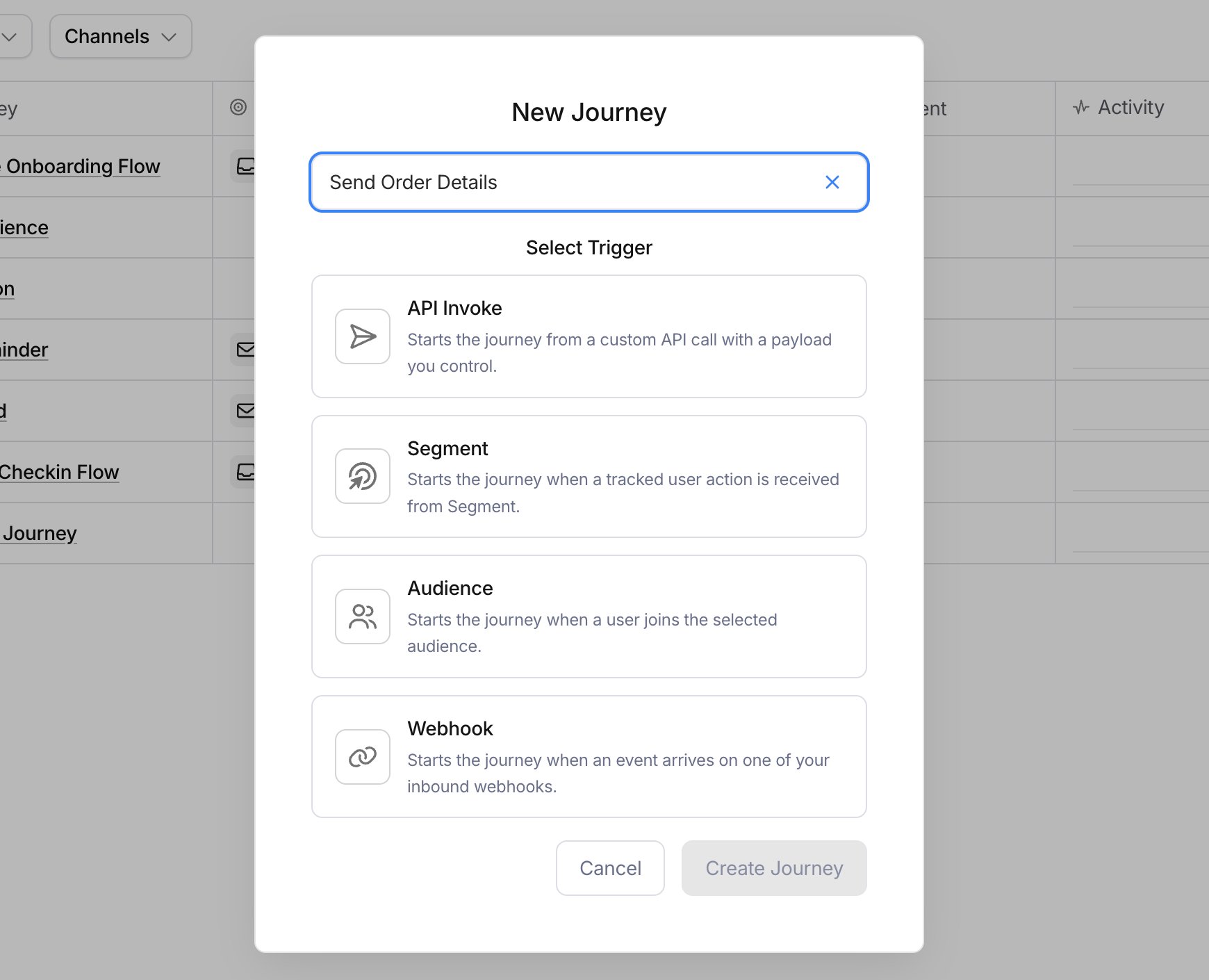 The New Journey dialog with a name field and four trigger options