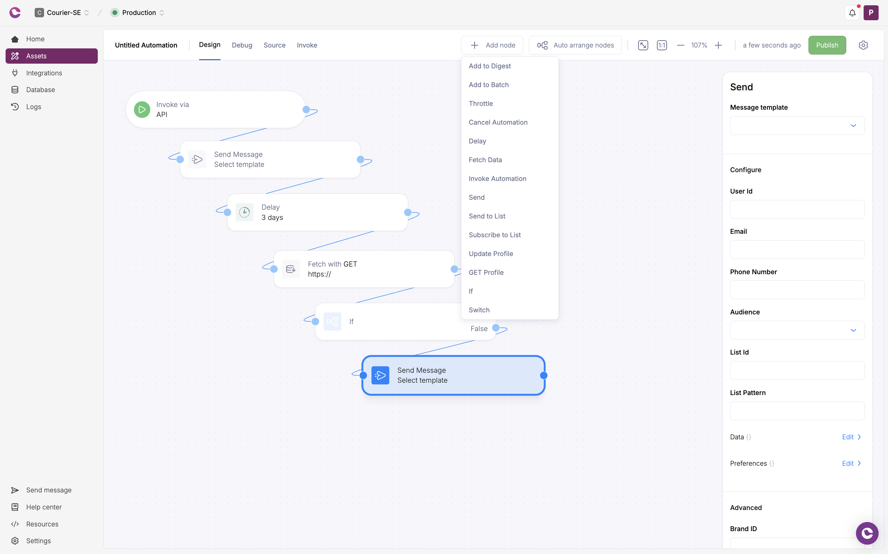 Visual workflow designer showing nodes and connections