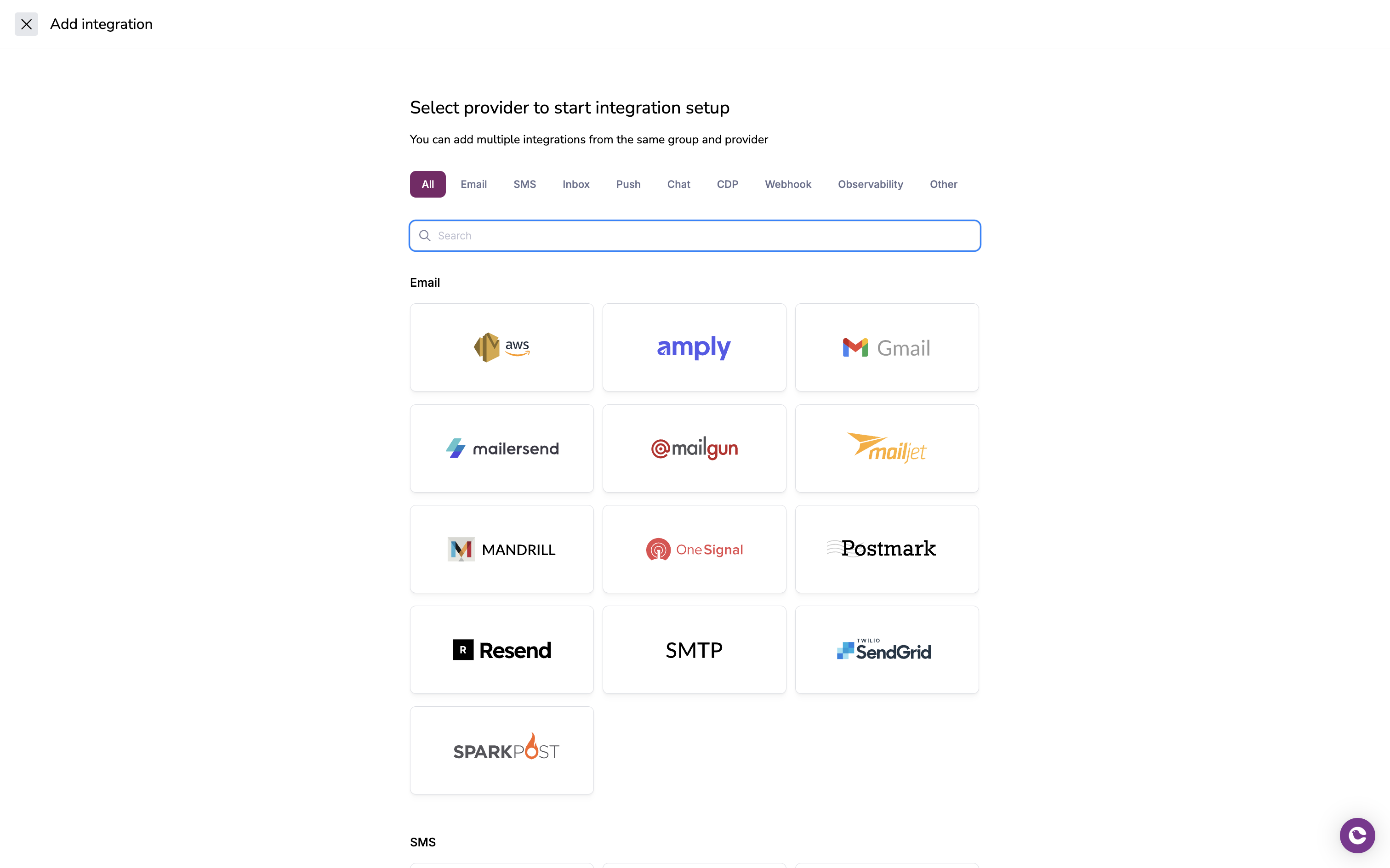 Provider selection showing SendGrid, Twilio, and other integrations